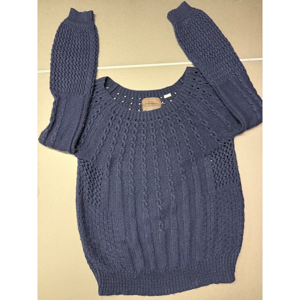 Guinevere Anthropologie Navy Blue Wool Alpaca Cable Knit Pointelle Sweater Large